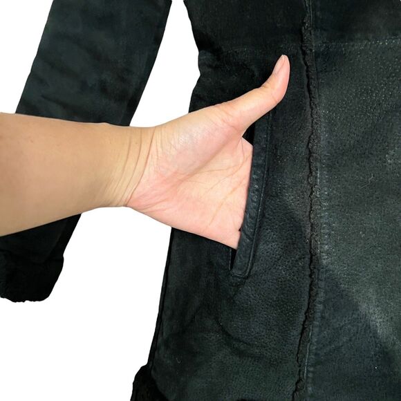 Vintage Steve Madden Leather Coat Small Black Fur Lined Y2K Suede Jacket - Picture 14 of 16